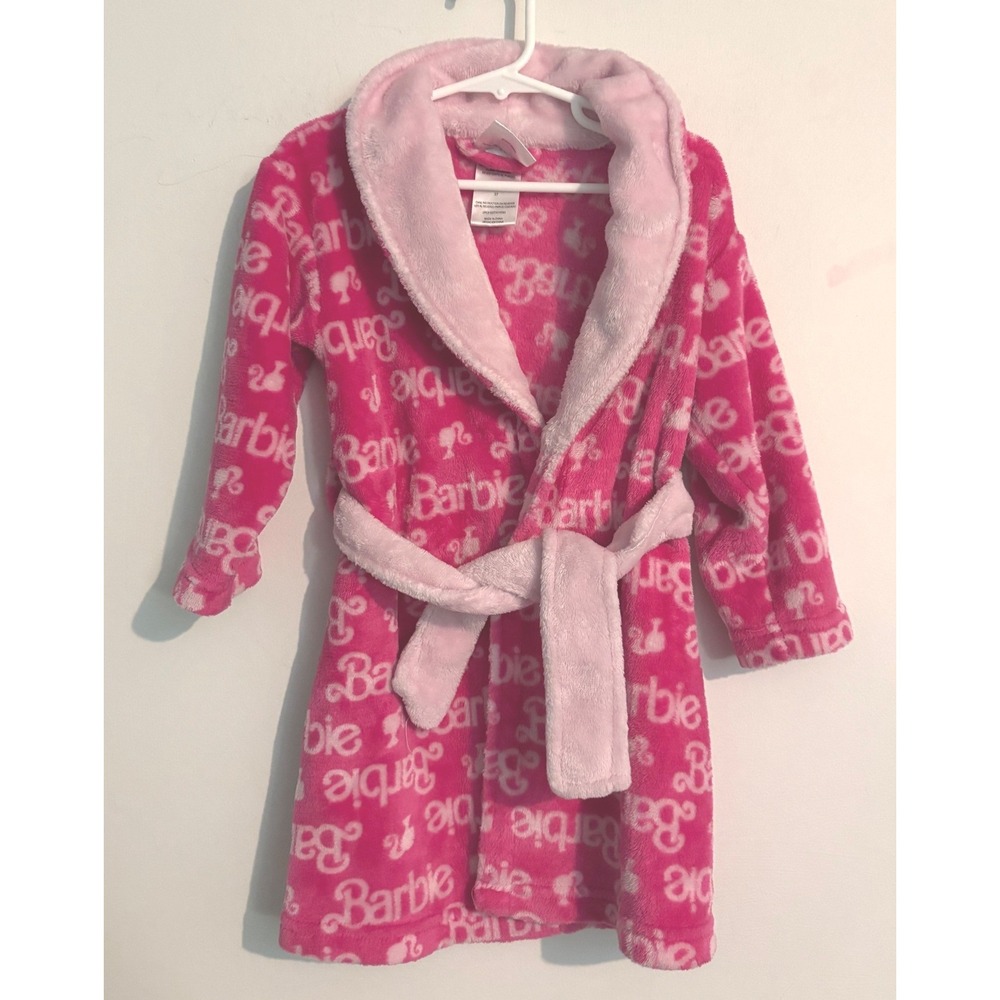 Barbie Size 3T Toddler Robe Pink Bright Pink Attached Belt Collared Soft Girl